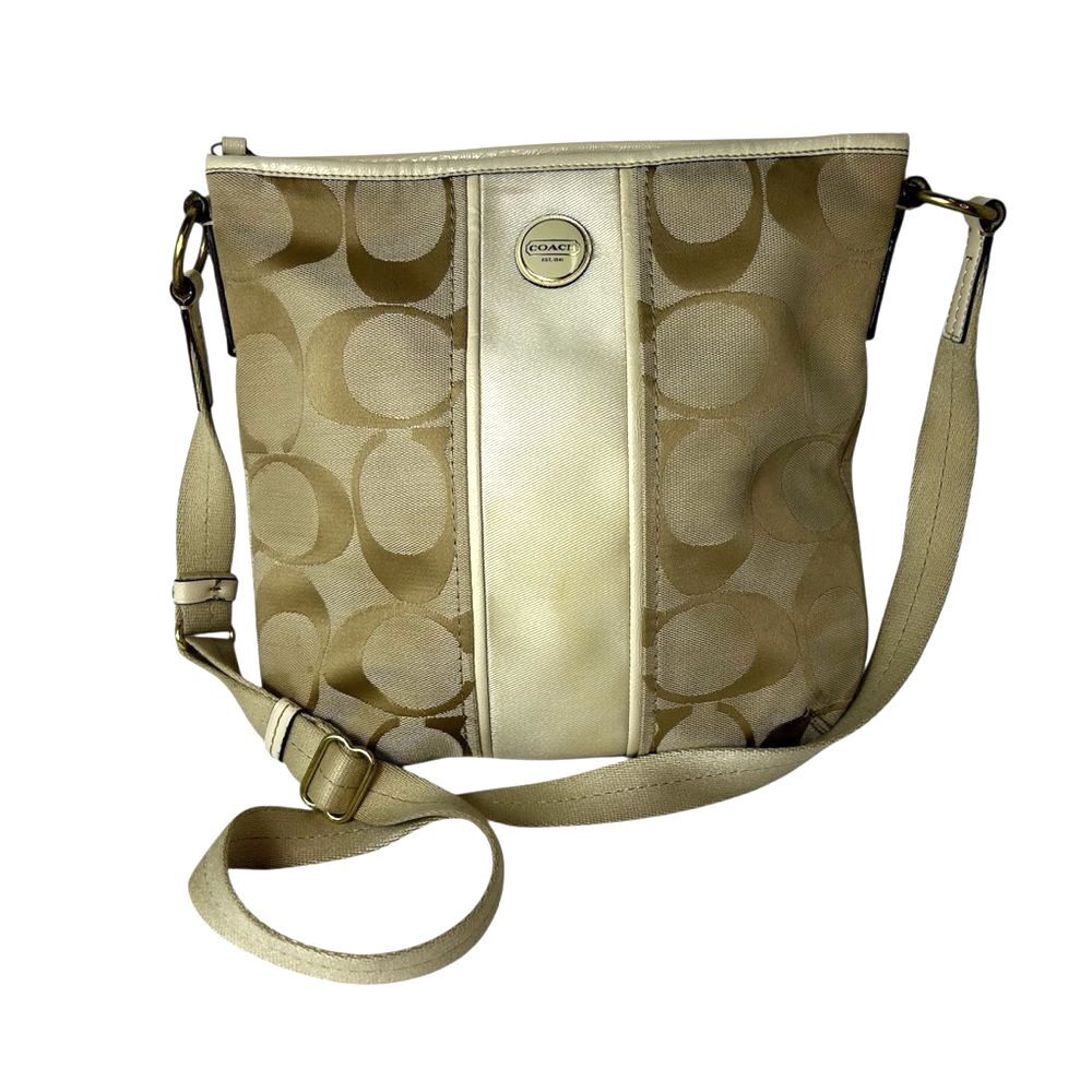 Coach F21905 Cream and Tan Signature Leather Detail Stripe Duffle Crossbody Bag